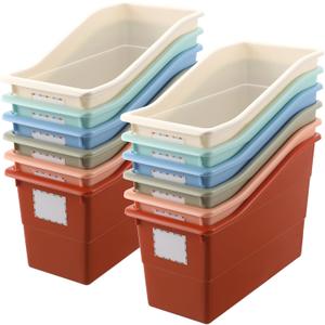 Suzile 12 Pcs Book Storage Bins with Labels Plastic Boho Folder Magazine File Holder Interlocking for Office Classroom Home book Organizer Container (Classic Colors)