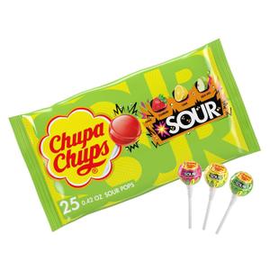 Chupa Chups SOUR Lollipops, Variety Pack, Lemon, Strawbery & Apple Flavored, Individually Wrapped Bulk Sour Candy Suckers for Adults & Kids, Bag of 25, 06/2026