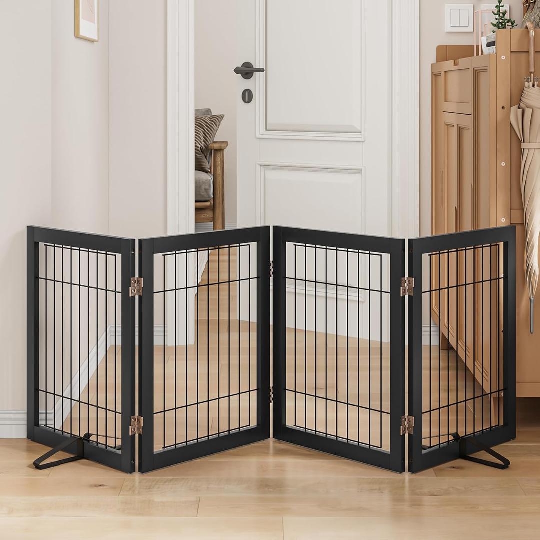Dog Gate for Stairs, Foldable Dog Gate for Indoor Doorways House, Freestanding Pet Gates for Dogs, Doogie Puppy Fence Gate (3 Panel - 55 inches Wide, Black)
