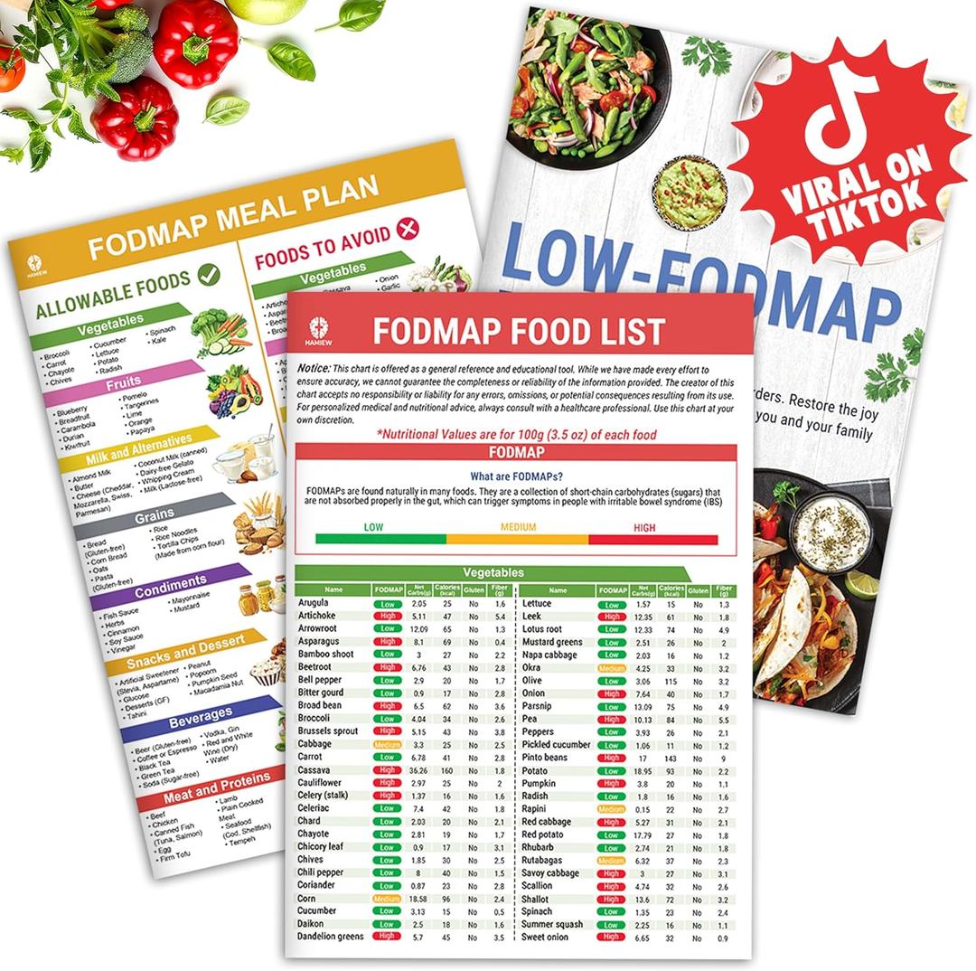HAMIEW Set 3 Low FODMAP Food List Chart & Meal Plan for IBS, SIBO, Bloating  Laminated Diet Guide w/Serving Size, Net Carbs, Calories, Gluten, Fiber  Elimination Diet Recipes for Beginners