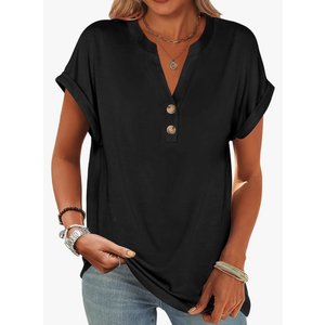 ANRABESS Womens Short Sleeve Henley Tops V Neck Dressy Casual Blouses Summer Trendy Tee Shirts 2025 Vacation Fashion Clothes, Black, XL