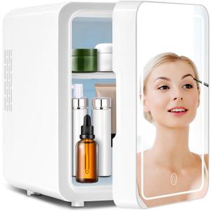 Skincare Fridge With Dimmable LED Mirror, 4L Makeup Mini Fridge for Bedroom, Cosmetics, SkinCare, Cooler & Warmer, Portable Small Refrigerator for Car, Office and Food- White