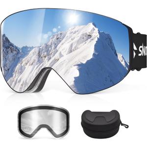 Ski Goggles, OTG Over Glasses Snowboard Goggles with 2 UV400 Anti-Fog Detachable Magnet Lenses for Men&Women Adult (Ver.2 Silver(vlt 9%) + Clear (Vlt 83.5%))