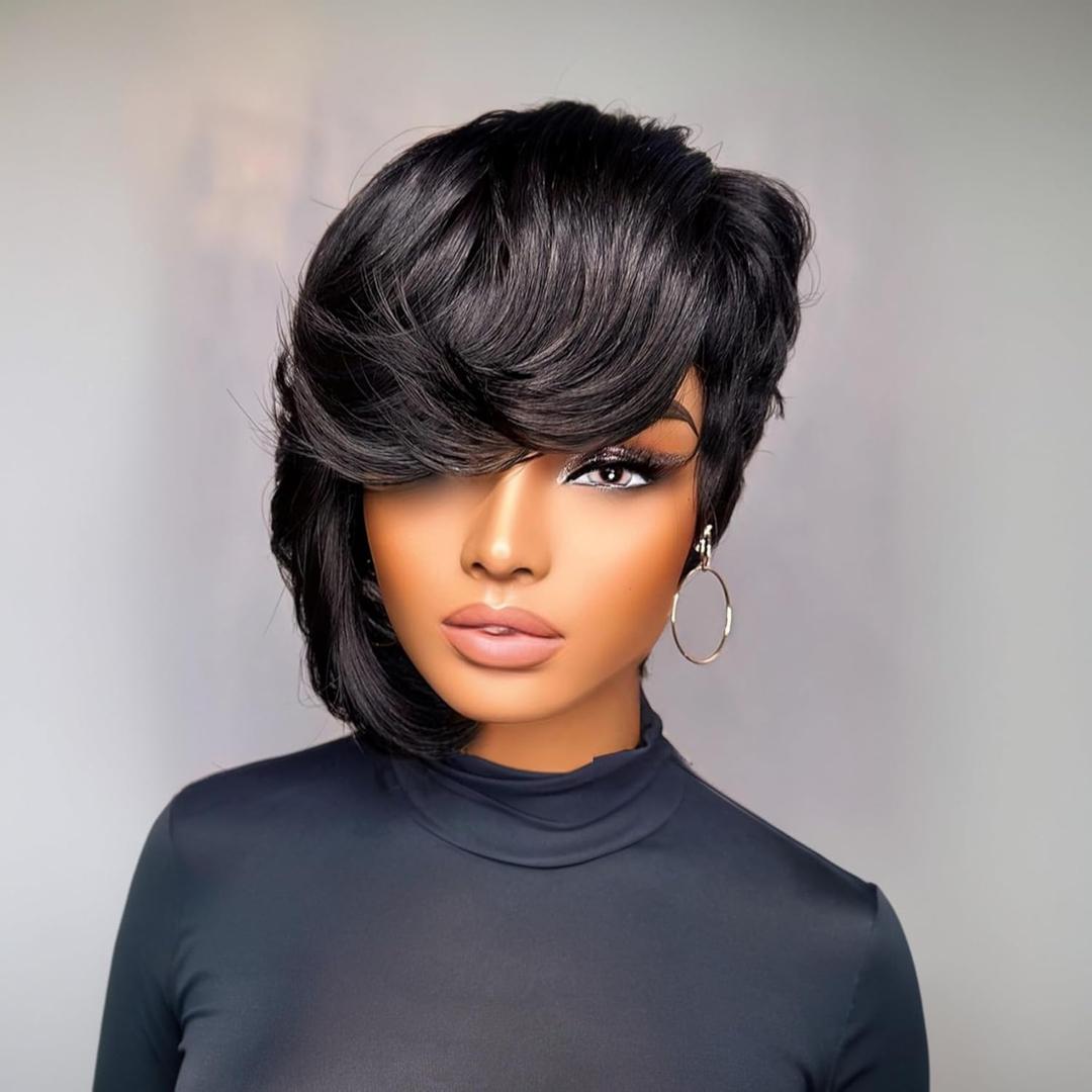 Short Pixie Cut Wig Human Hair Glueless Wigs for Black Women Side Part Natural Black Color Pixie Cut Straight Human Hair Wig with Bangs Short Layered Pixie Wigs Full Machine Made Wigs