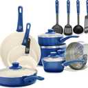 GreenLife Soft Grip 16 Piece Cookware Set, Non-Toxic PFAS-Free Ceramic Nonstick, Frying, Sauce, Saute, Utensils, Glass Lids, Stay-Cool Handles, Wobble Free, Dishwasher & Oven Safe, Blue