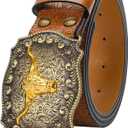 Western Cowboy-Belts for Women Big-Buckle Longhorn-Bull PU-Leather Rodeo Cowgirl-Belt Engraved Floral - Waist 25-38" (Brown(carved-bull))