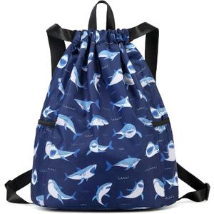 Children Boy Girl Ocean Shark Print Drawstring Backpack Outdoor Casaul Portable Shoulder Bag Swim Gymsack Sack Pack Dark Blue (Medium)