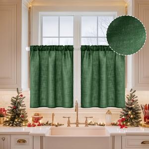 MIULEE Christmas Linen Cafe Curtains 36 Inch Length for Kitchen Bathroom Over Sink 2 Panels, Farmhouse Rod Pocket Short Semi Sheer Light Filtering Tier Curtains for Small Half Window, Emerald Green
