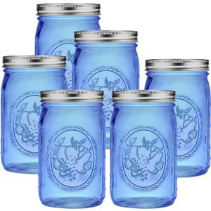 eleganttime Blue Wide Mouth Mason Jars 32 oz,6 Pack Colored Quart Glass Canning Jars with Airtight Lids for Canning,Pickling,Storage,DIY Crafts & Dcor