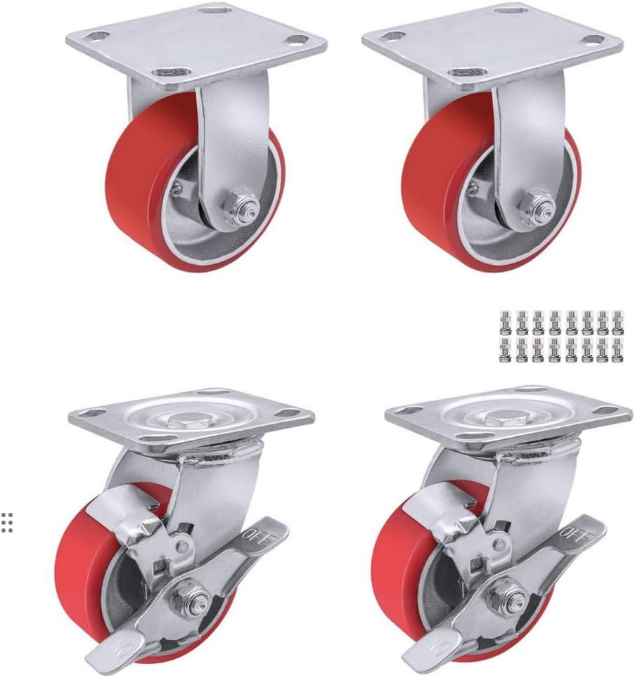Heavy Duty Casters - Industrial Casters Polyurethane Caster with Strong Load-Bearing Capacity 3200-5000 LB,Used in Furniture,WorkBrench,Tool Box, Equipment (4" RIgid+Brake, 4 pcs)
