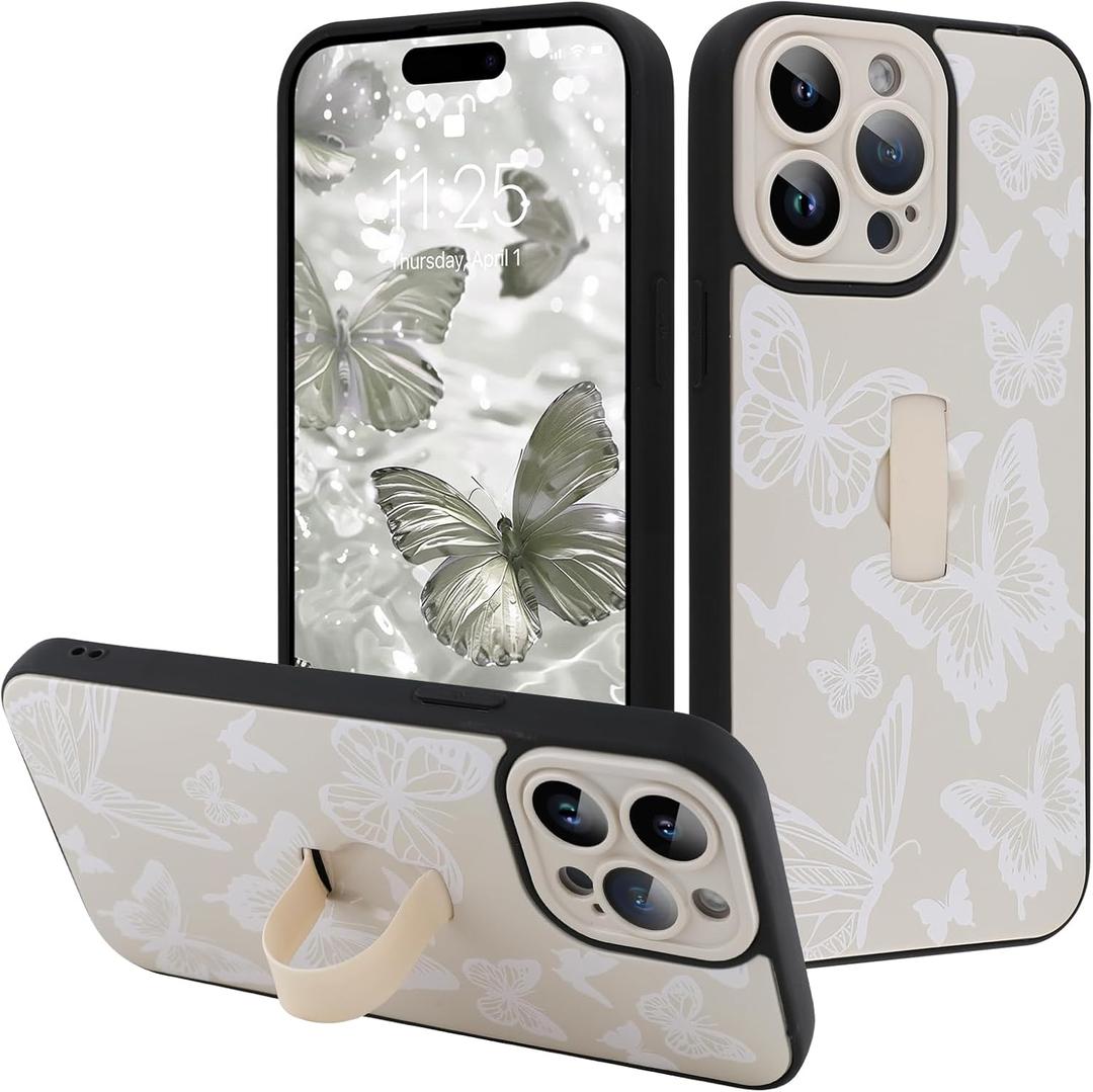 for iPhone 15 Pro Max Case with Finger Strap Holder, Cute Cool Butterfly Print Pattern Design for Women Men, Shockproof Anti Scratch Hand Kickstand Protective Cover, White