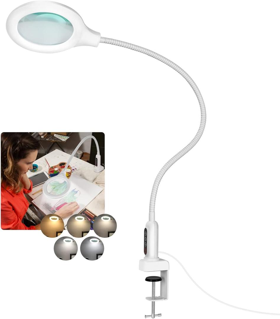 26" Gooseneck Magnifying Lamp with Clamp, 5 Color Modes Stepless Dimmable LED Desk Light with Magnifying Glass, 10X Real Glass Lighted Magnifier Hands Free for Painting Close Work Craft Hobby
