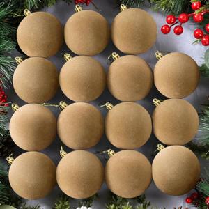 OCTERIC 24 Pcs 3.15Inches Velvet Christmas Ball Ornaments, Shatterproof Khaki Flocked Bulbs Decorations Set, Retro Decorative Hanging Plastic Ornaments for Xmas Tree Holiday Party Dcor