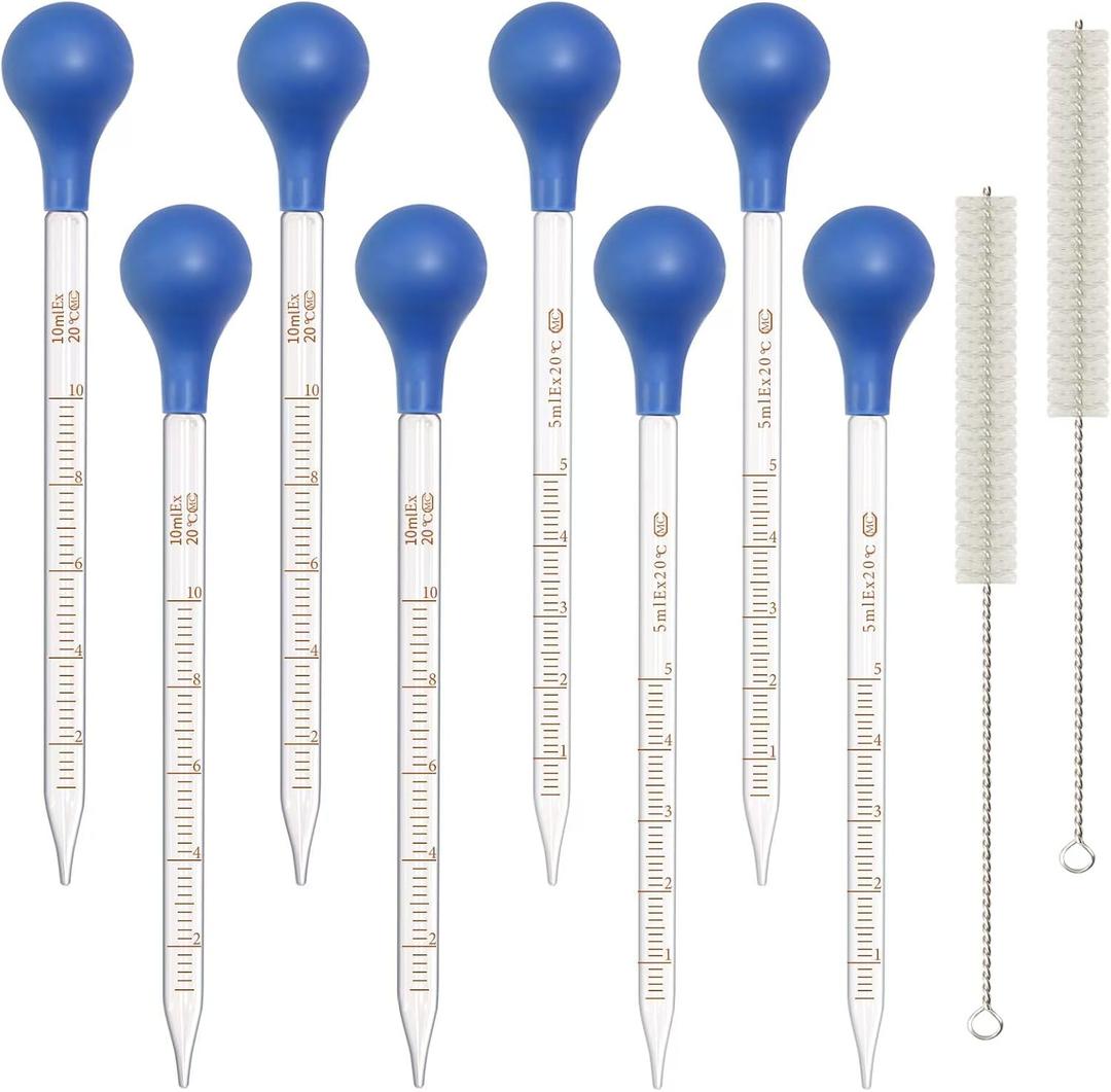 8 Pack Glass Pipette Dropper Lab Graduated Dropper Liquid Pipette with Rubber Cap+ 2 Cleaning Brush for Liquid Essential Oil Lab Dropper Pipettes Transfer (4pcs 5ml Dropper+4pcs 10ml Dropper)