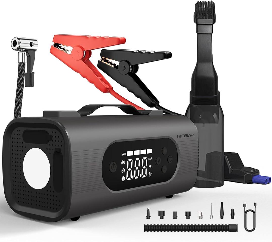 Car Vacuum Cleaner & Jump Starter with Air Compressor(1250A),Handheld Cordless Tire Inflator 150PSI,Pump for Inflation/Deflation,Portable Charger(12V Battery for 6.5L Gas/4.0L Diesel)8-IN-1 Jumper box