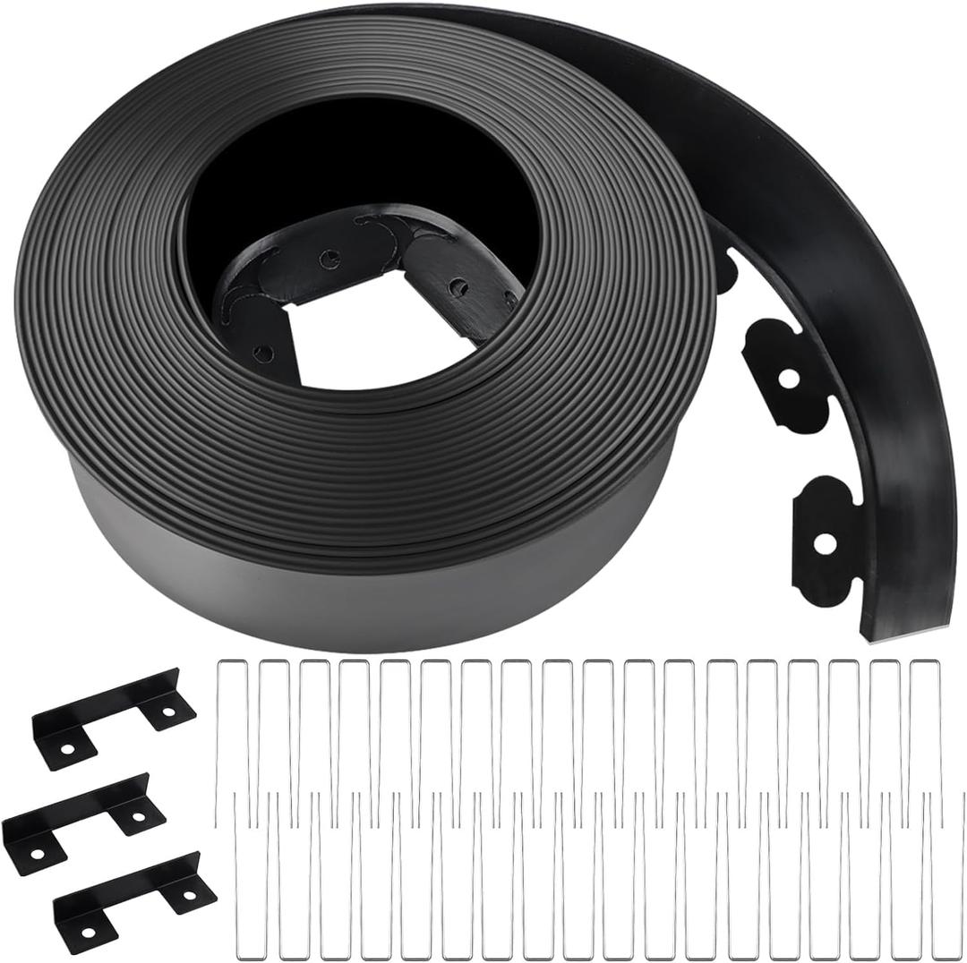 Kalolary Landscape Edging, 40FT x 4 Inch Tall Plastic Garden Lawn Edging Border with 36 U Spikes, 3 Connector for Landscaping Garden, Flower Beds (Black)