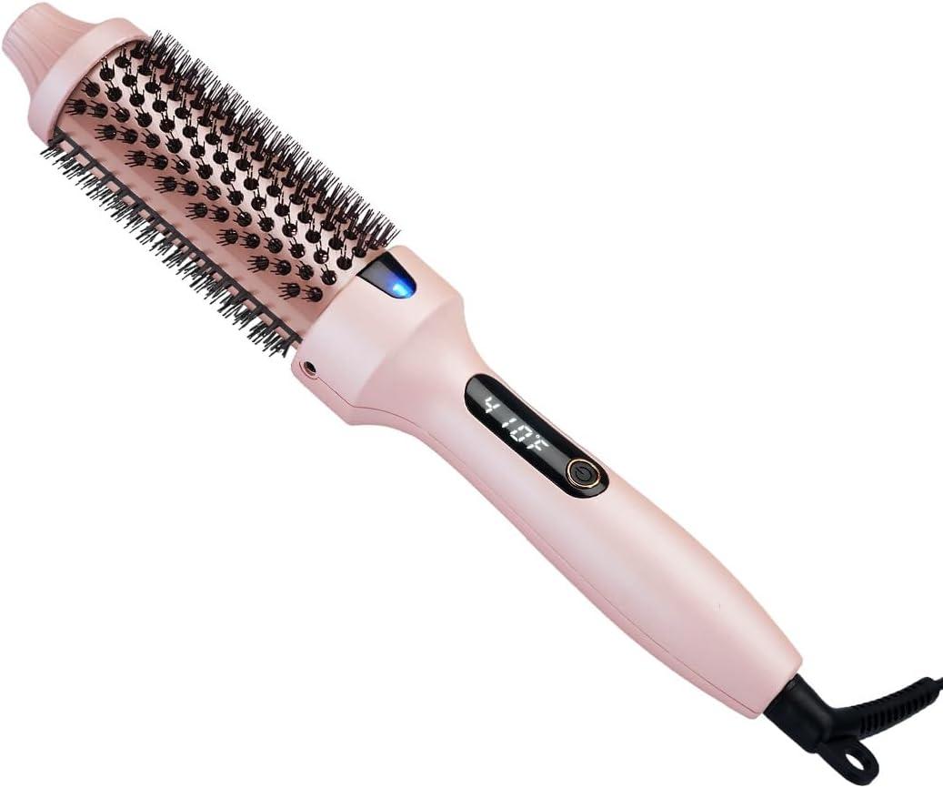Thermal Brush for Blowout Look, 360 Airflow Heated Round Brush with 2X Negative Ions Release for Less Frizzy, 1.5 Inch Dual Voltage Heated Curling Brush for Travel, Dual PTC Technology, Pink