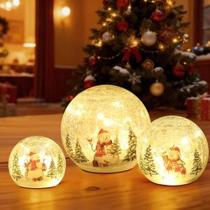 Christmas Snowman Globe with LED Lights, Christmas Decorations Indoor, Lighted Crackle Glass Globes, Battery Operated Xmas Globe Decor for Tabletop Home Party Centerpiece (Mix Set)
