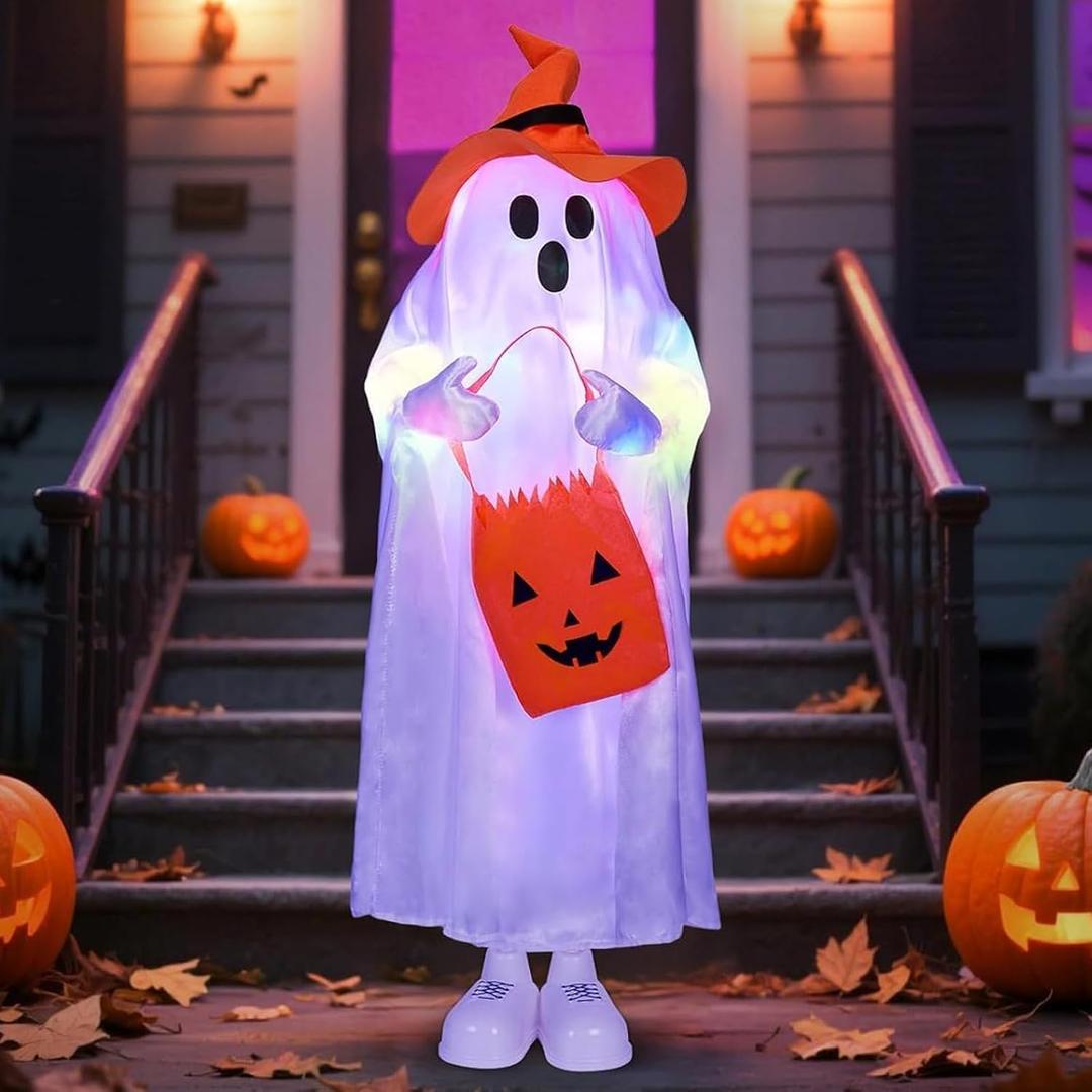 Halloween Decorations Outdoor Ghost Decor Light-Up Color-Changing Spooky Ghost Porch Decorations Trick or Treater with Candy Pocket Ghost 2026 New Halloween Decor Indoor 1PACK 43" H