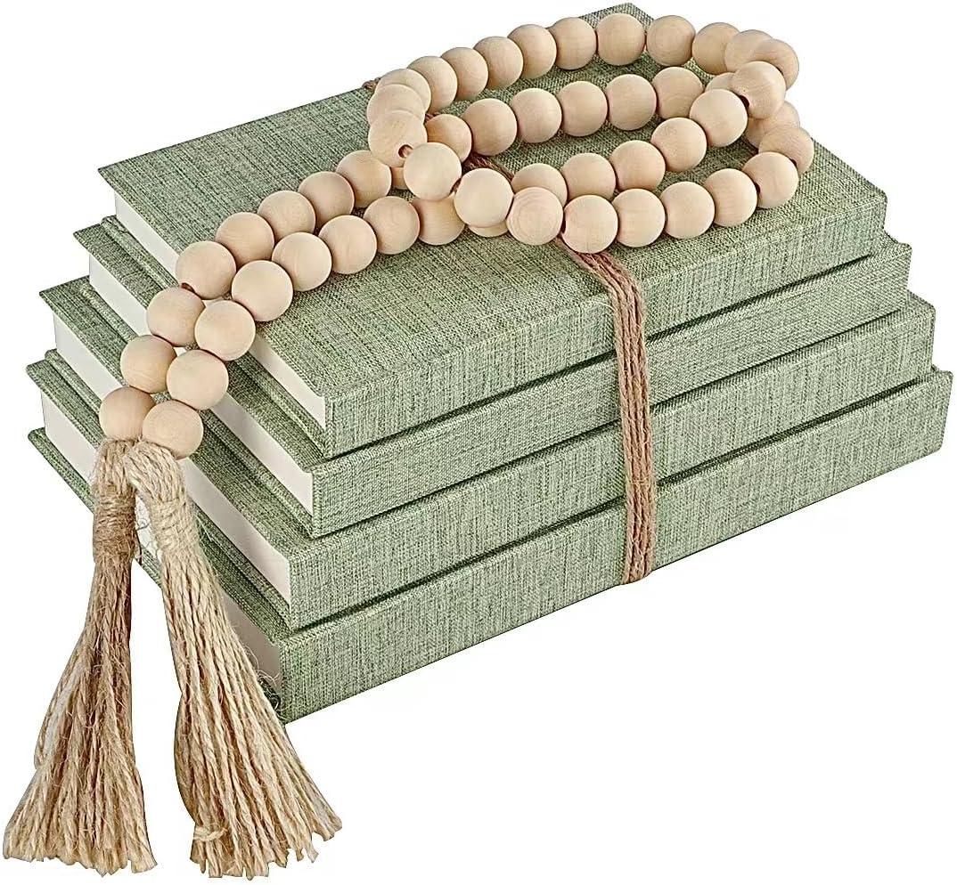 Linen Covered Decorative Books 4 Pieces, Neutral Home Decor Coffee Table Books with Wooden Beaded Tassel, Stacked Books for Rustic Farmhouse Modern, Boho, Bookshelf, Fireplace Mantel Dcor, Sage