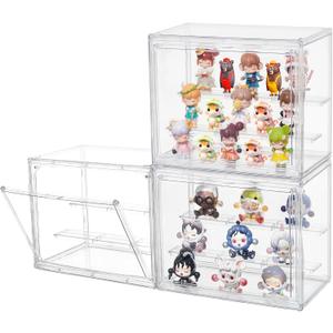 3 Pack Acrylic Display Case,3 Layer Clear Display Case Adjustable Display Box Stand with 2 Movable Dividers Small Showcase Magnetic Door for Mini Figures,Collections