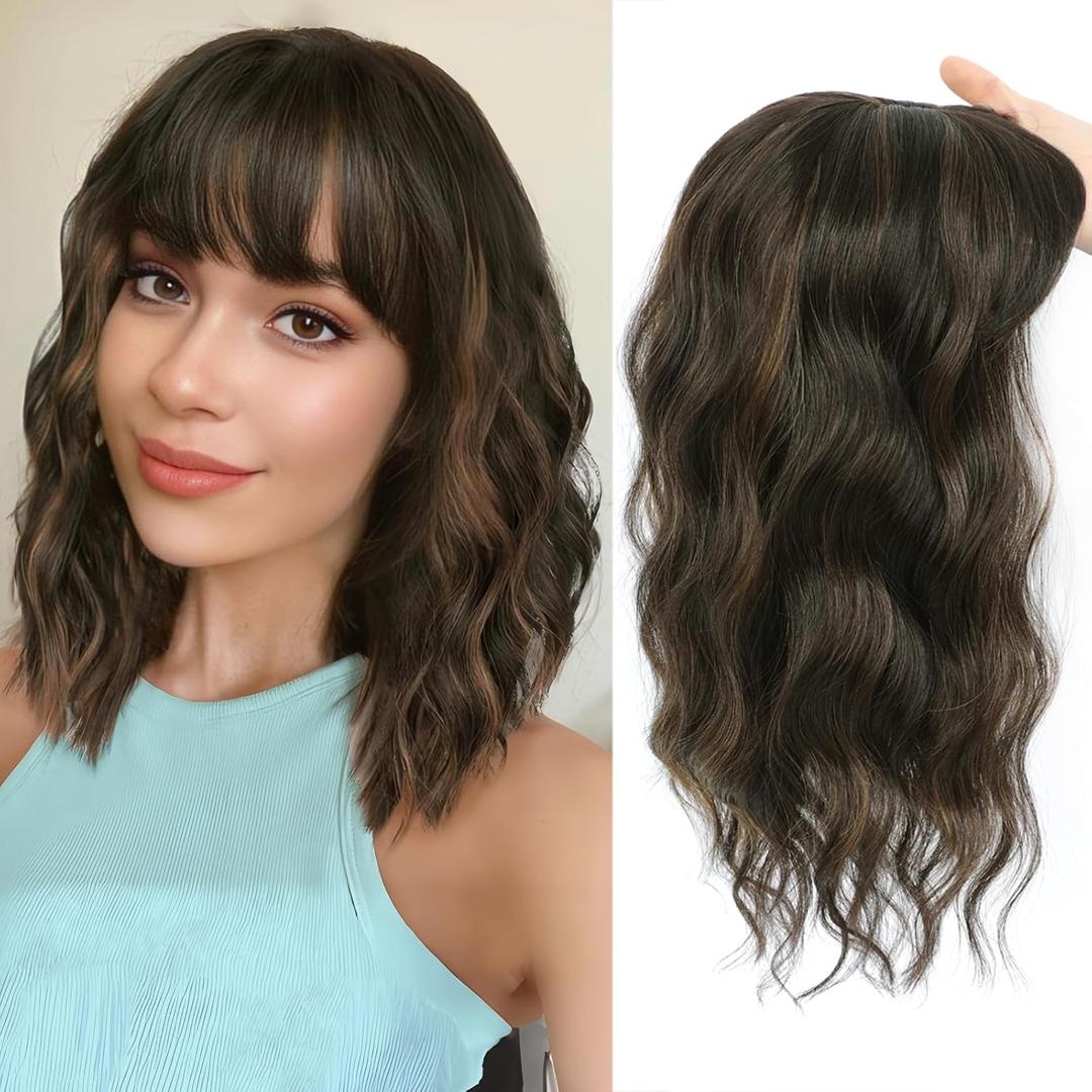 16 Inch Hair Topper for Women with Thinning Hair, Synthetic Curly Wavy Clip-In Topper with Wispy Bangs Natural Looking Crown Coverage Lightweight Hair Piece for Volume(Dark Brown Mixed Chestnut)