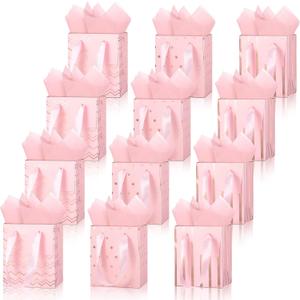 Tenare 12 Pcs Small Gift Bags Mini Metallic Paper Bag Bulk Tiny with Handle Tissue Paper for 4th of July Birthday Wedding Baby Shower Thank Party Favor Supply(4 x 2.75 x 4.5 Inch,Pink Rose Gold)