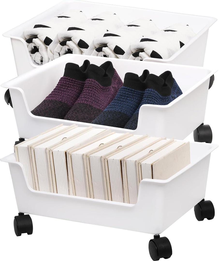 Noamus 3 Pack Under Bed Storage, Underbed Toys Storage Containers with Wheels, Plastic Bedroom Storage Organization, Under Bed Storage Bins Drawer For Clothes Blankets Shoes Books, White