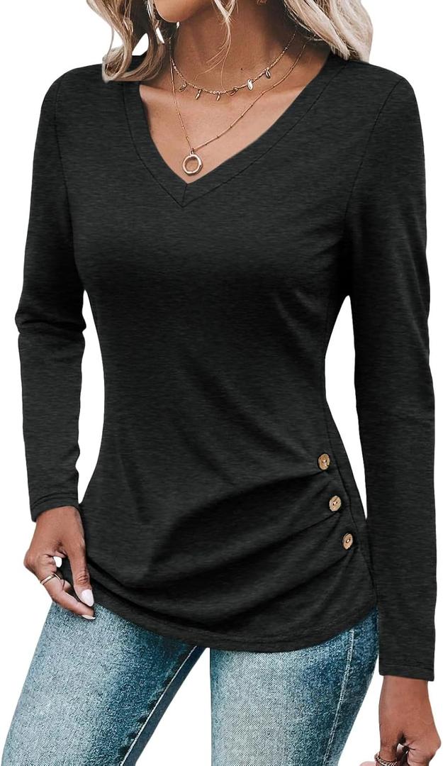 Womens V Neck Long Sleeve T Shirts Ruched Tops Casual Loose Fit Tees Fall Fashion Outfits 2025 (Black, XXL)
