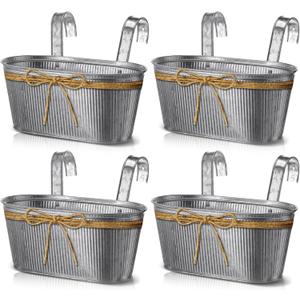 Hicarer 4 Pcs Metal Hanging Flower Pots, 10.6 Inch Vertical Grained Metal Color Outdoor Hanging Planters Window Plant Holder with Detachable Hooks for Railing Fence Balcony Garden Yard
