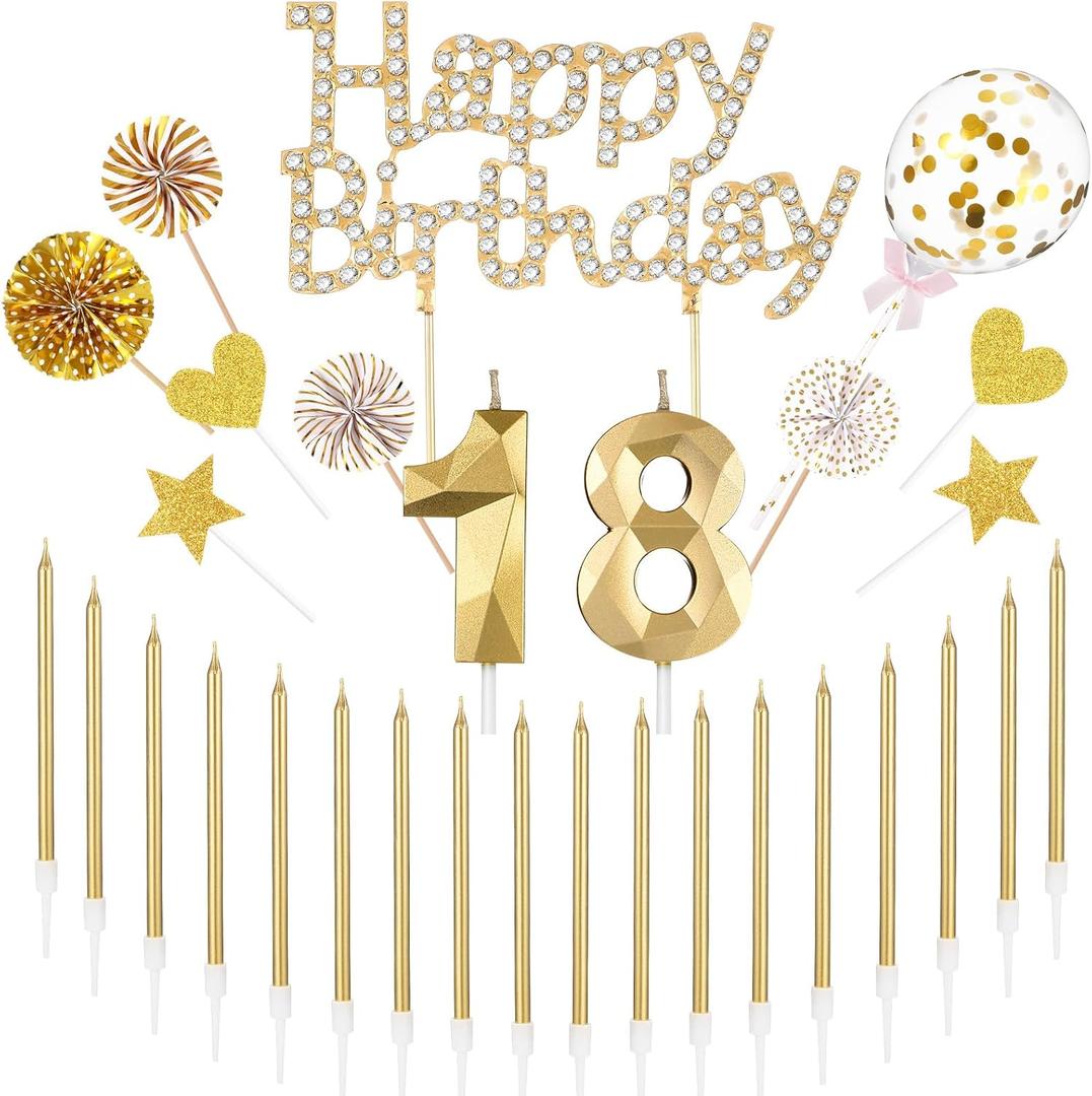 Yerliker 29 Pcs 18th Birthday Cake Decorations Rhinestone Glitter 18th Cake Toppers Candles DIY Decor for 18th Birthday Anniversary Party Supplies(Gold)