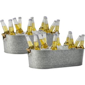 Ice Bucket Galvanized Tub, 2 Pcs 5 Gallon Oval Beverage Tub, Drink Cooler Ice Buckets for Parties, Metal Bucket with Rattan Handle for Beer Whiskey Wine and Cocktails (Galvanized)