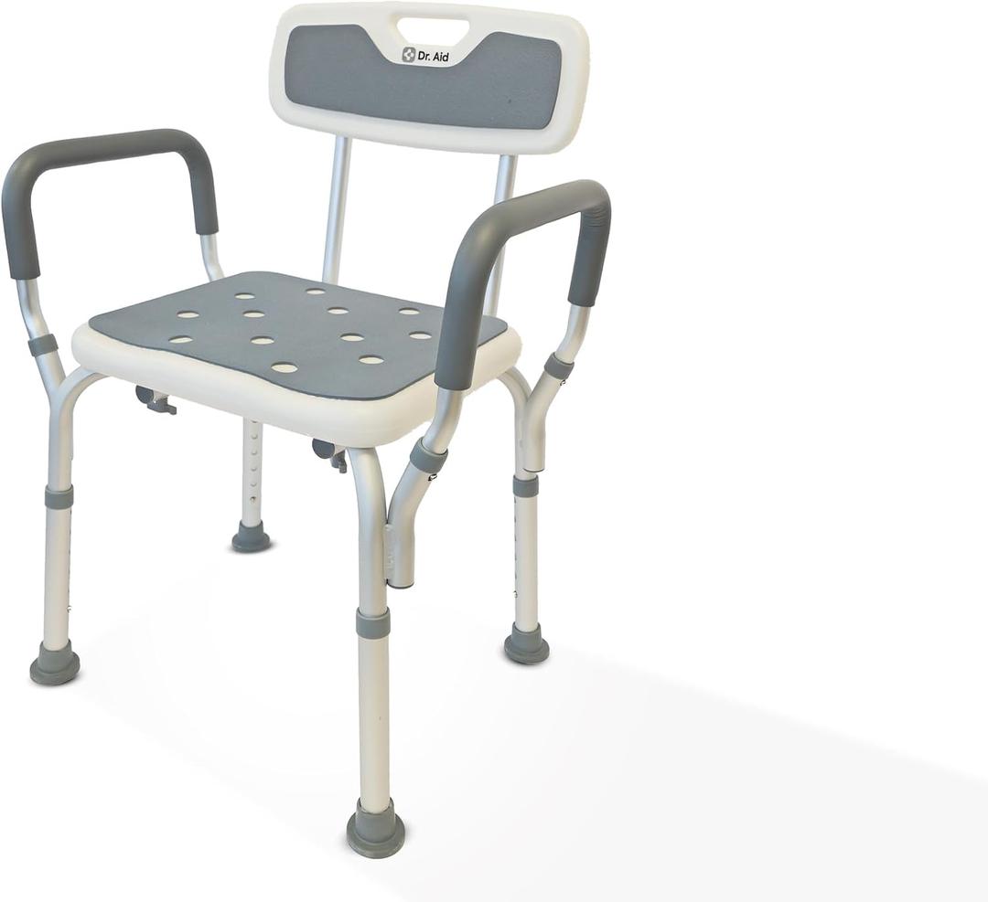 Dr. Aid Shower Chair for Elderly and Disabled  Heavy Duty Shower Seat with Arms and Back, Adjustable 6-Height Levels, Non-Slip Shower Stool for Tub or Inside Shower