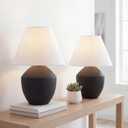 JONATHAN Y 20.5" Matte Black Minimalist Table Lamp Set of 2 for Living Room, Modern Scandinavian Bedside Lamps for Bedroom, White Linen Shade, LED Bulbs Included JYL5604A-SET2