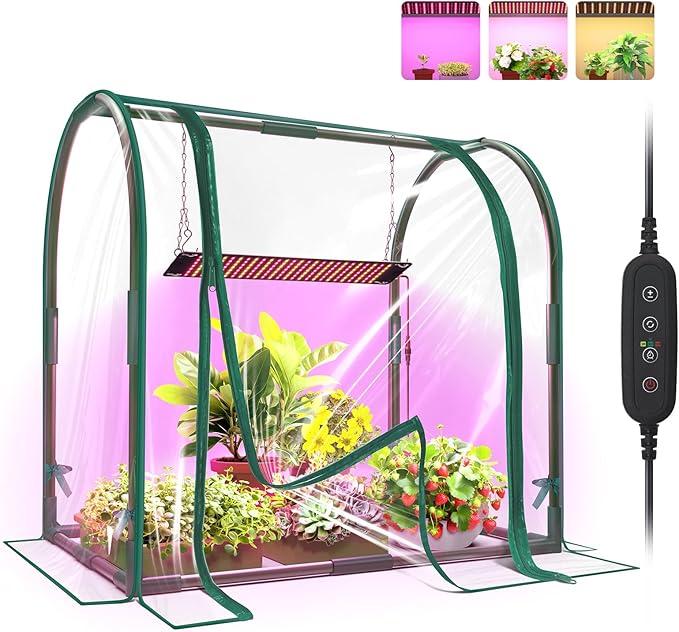 Bstrip Mini Indoor Greenhouse with Grow Lights, 27.2" L X 19.9" W X 27.2" H Desktop Small Greenhouse with Zippered Door and PVC Cover for Seed Starting, 1.6FT Plant Light for Indoor Plants with Timer