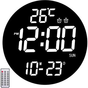 Large 12" White Digital Wall Clock with Remote Control | LED Display Plug-in Clock with 3 Brightness Levels & Temperature Display Perfect for Home, Gym, Classroom, Office