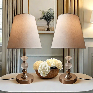 Bedroom Table Lamp Set of 2, Modern Crystal Bedside Lamp with Linen Shade, Tabletop Reading Lamp for Living Room/Dorm/Office, Includes 2 Bulbs(Off White)
