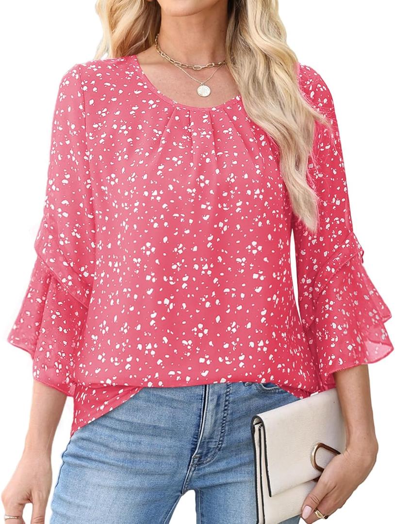 CiCiBird Women Chiffon Floral Blouse 3/4 Ruffle Sleeve Crew Neck Pleated Front Tops Dressy Casual Shirts (XXL)