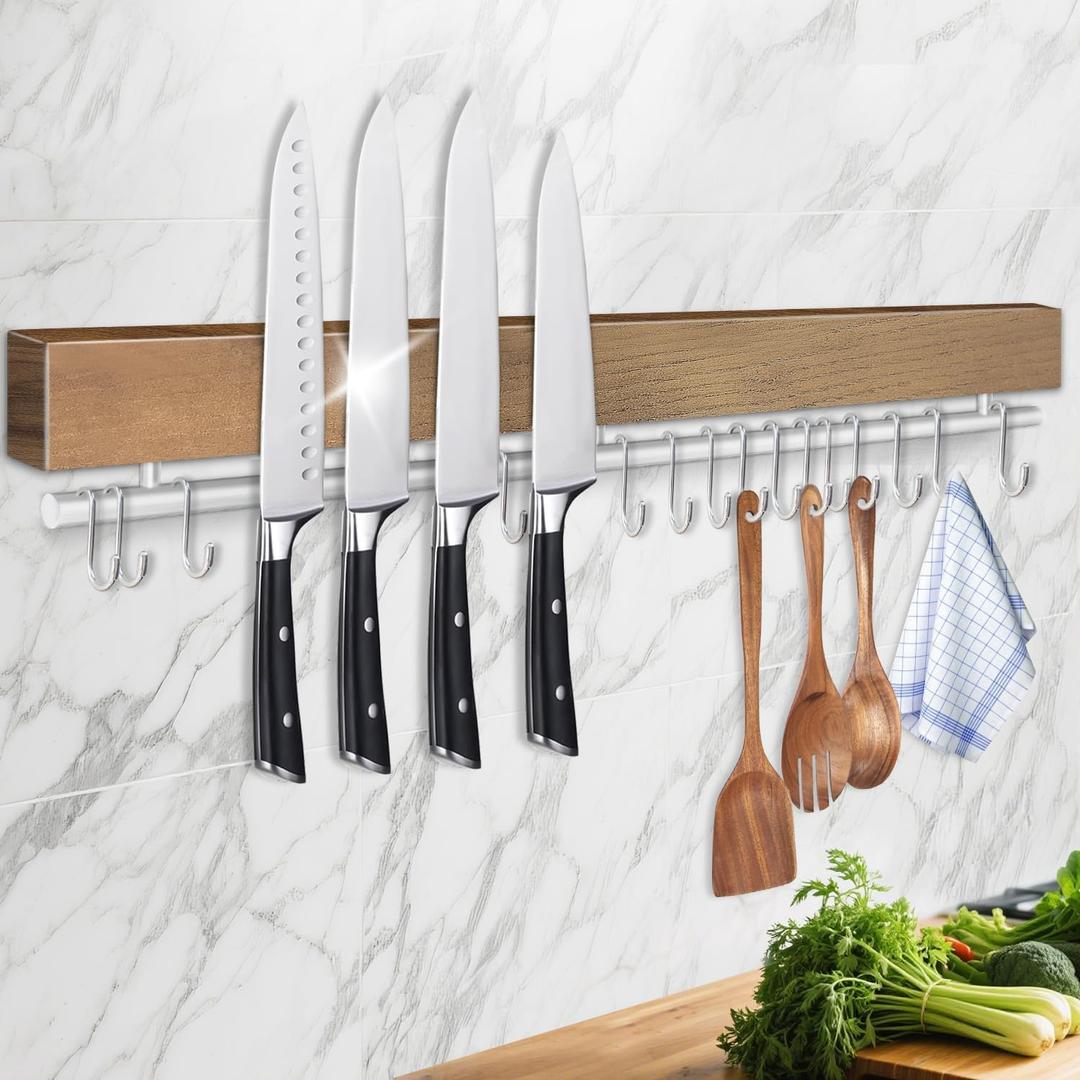 23 Inch Magnetic Knife Holder for Wall - Pailexin Wooden Magnet Knife Strip No Drill with 15 Hooks/Adhesive Tape/Screws, Kitchen Utensil Holder, Magnetic Knife Organizer, Wall Mounted Knife Storage