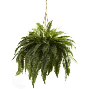 Nearly Natural Giant Boston Fern 36 in Wide Artificial Hanging Plant with Basket - Faux Greenery for Indoor Home Office Bedroom Decor, Realistic Leaves