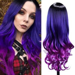 HANNE 3 Tone Ombre Color Long Rainbow Mermaid Wig - Black to Blue to Purple Hair, Heat Resistant Dark Root Synthetic Curly Colored Wigs for Women Cosplay Daily Party (1B/Blue/Purple)