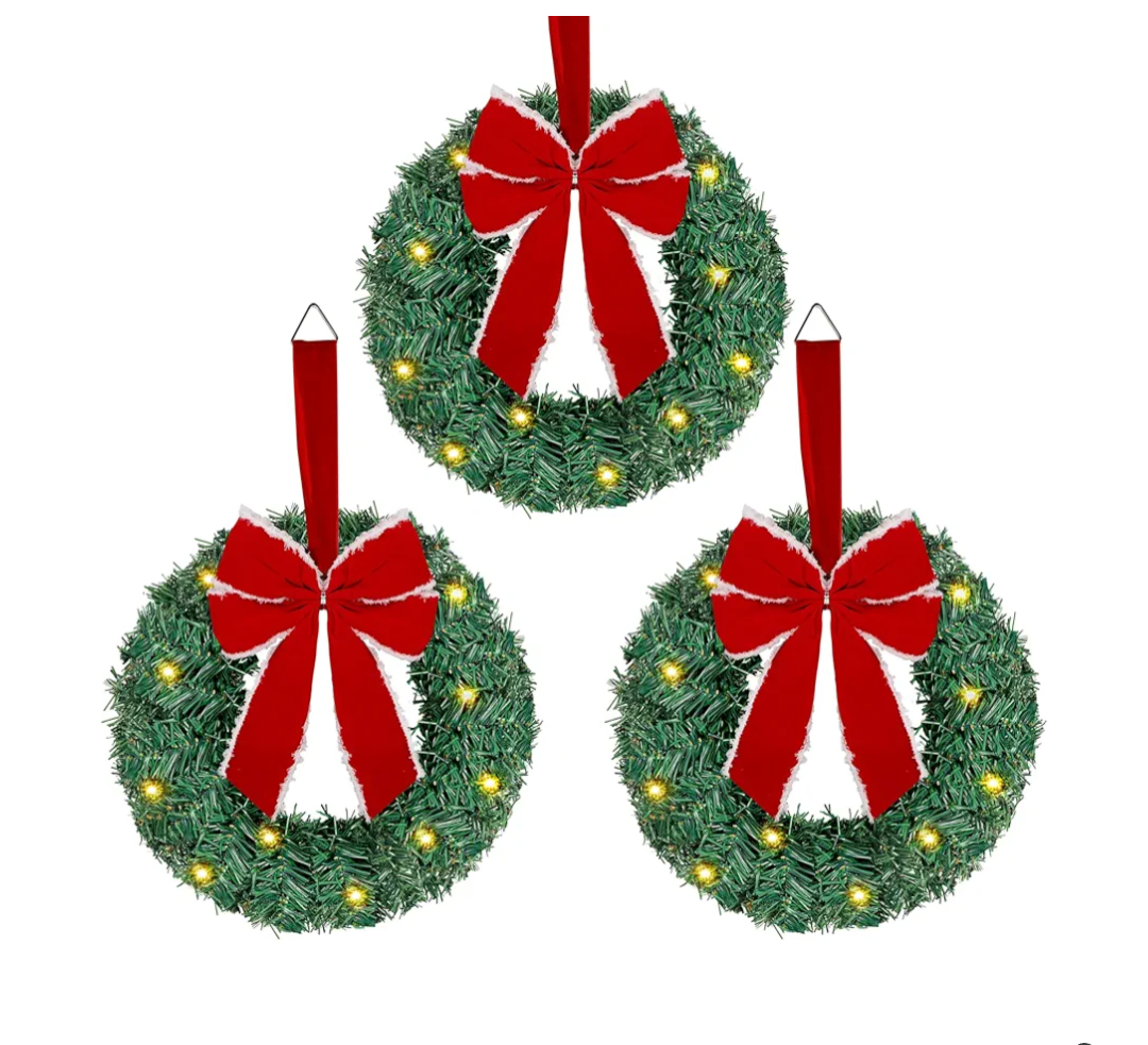 ATDAWN 3 Pack Mini Christmas Wreath, Lighted Christmas Front Door Wreath, Xmas Wreath for Holiday Christmas Party Decorations (Red Bow)
