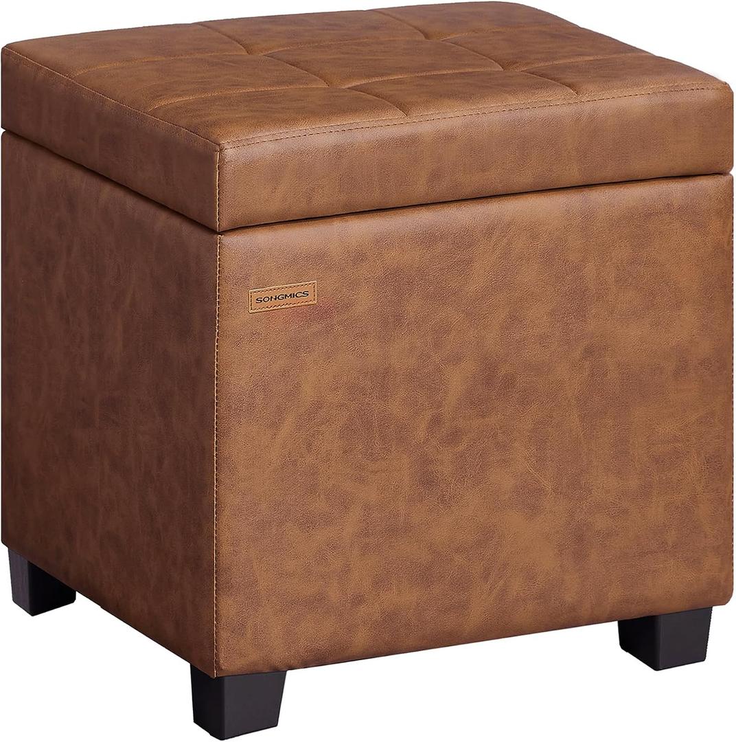 SONGMICS Square Storage Ottoman with Hinged Lid, 16.9 x 16.9 x 18.1 Inches