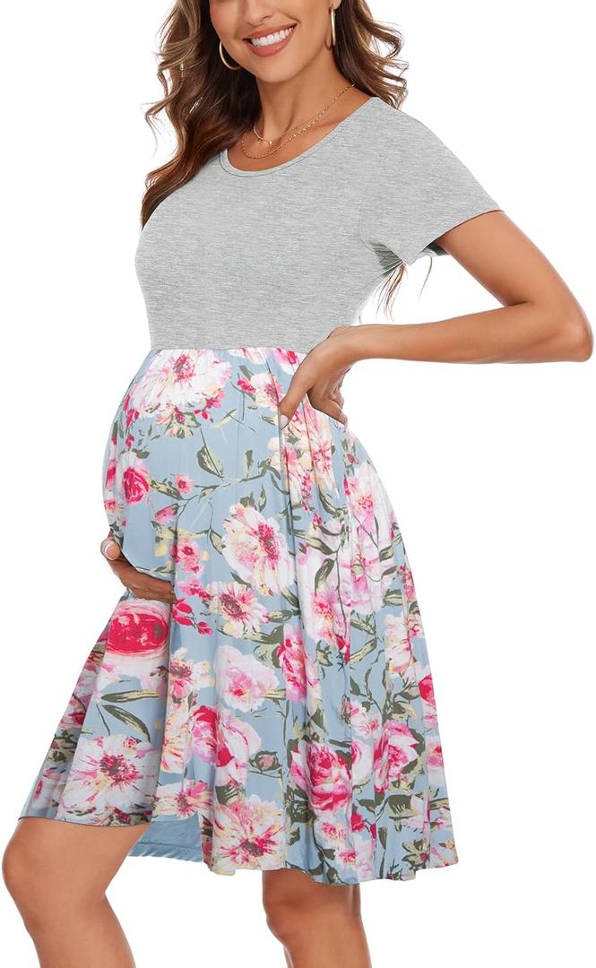 Women's Short Sleeve Maternity Dress Patchwork Pregnancy Clothes with Pockets (Medium, Light Grey-floral Sky Blue)