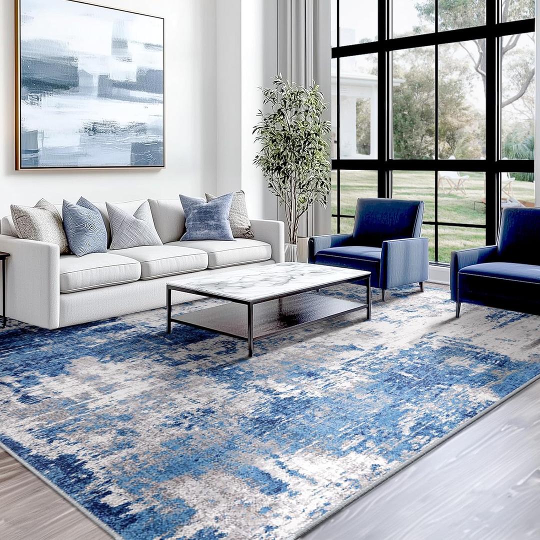 Washable Area Rugs 10'x12' Non-Slip Modern Abstract Soft for Living Room Entryway Bedroom Nursery, Print Pattern, Blue Grey Navy Gray