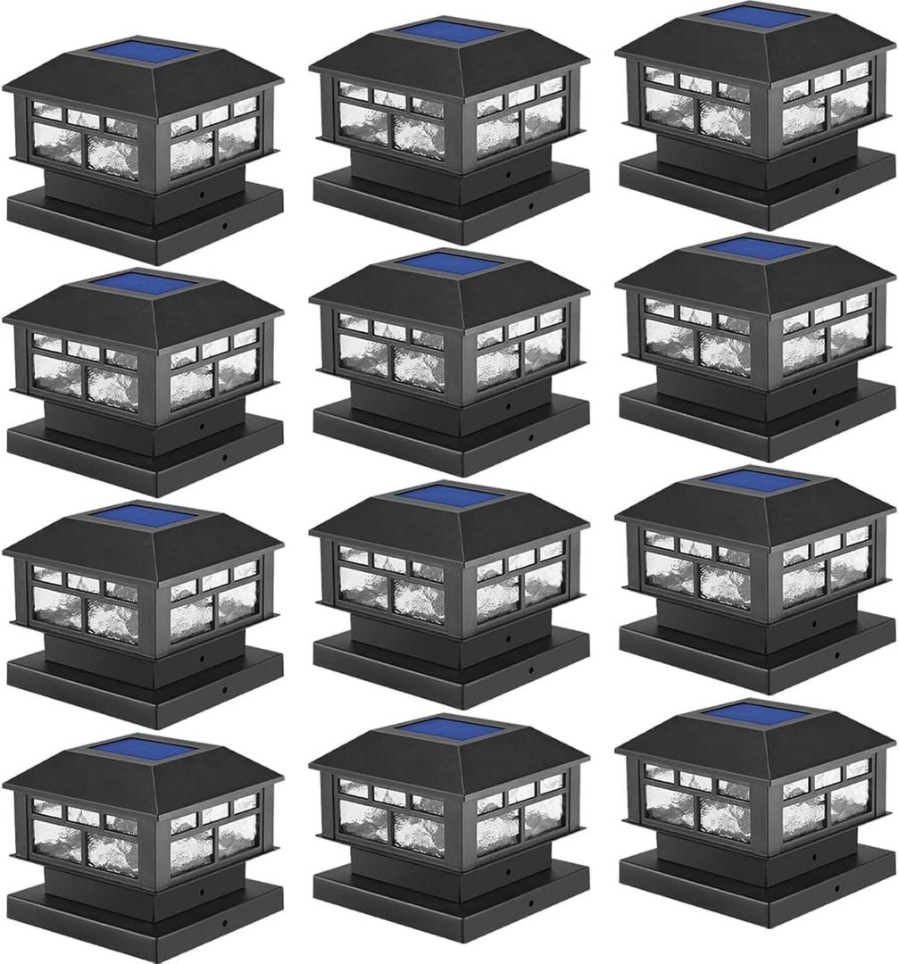 Solar Post Cap Lights Fit 3.5x3.5 4x4 5x5 Wood Posts Black Fence Post Light Solar Powered 12 Packs (12 Pack, Black)