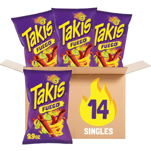 Takis Fuego Rolled Spicy Tortilla Chips, Hot Chili Pepper Lime Flavored, Multipack Box 14 Bags, 9.9 Ounces Each EXP. 02/23/2026