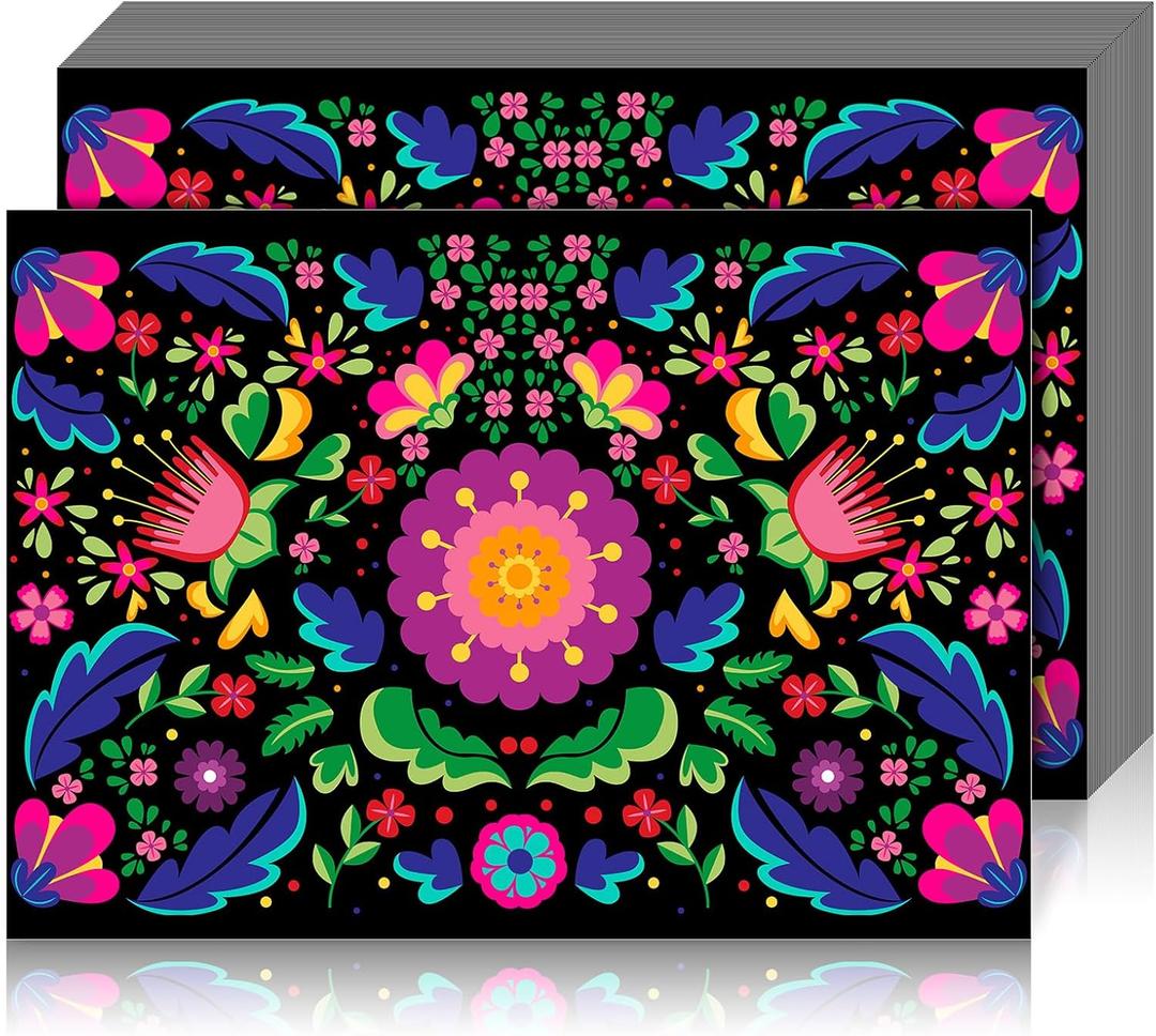 Chengu 100 Pcs Mexican Cinco De Mayo Placemats Fiesta Disposable Paper Placemats 14 x 10 Inch Dia De Los Muertos Decoration Floral Table Mats for Dining Table Mexican Party Supplies