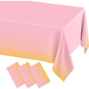 misaya 3 Packs Dot Disposable Table Cloth, 54 x 108 Inch Waterproof Plastic Tablecloth, Rectangle Gold Dots in Pink Table Covers for Mother's Day, Picnic, Birthday, Party