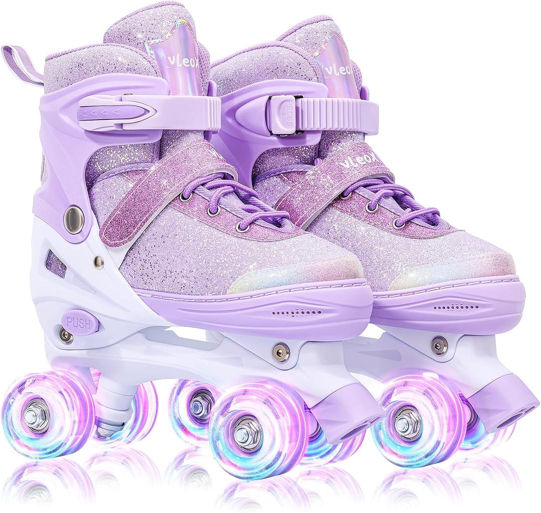 VleoX Roller Skates for Girls Kids Child Beginners, 4 Size Adjustable Light Up Wheels Fun Illuminating Purple Pink Skates for Boys Toddlers Patines, Small (US 10C-12.5C)